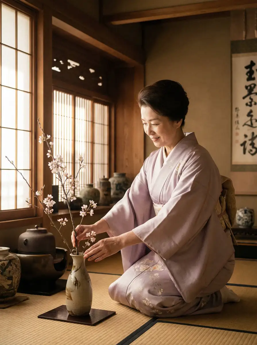 一位优雅的 啄木鸟电影系列 在和室中插花